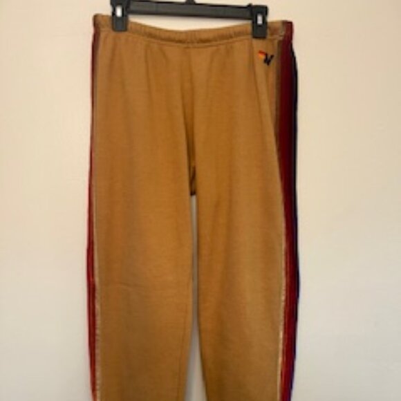 AVIATOR NATION 5 Stripe Sweatpants Joggers L Gold Khaki Velvet Retro Athleisure - Picture 2 of 8